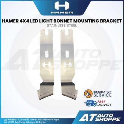 HAMER 4x4 LED light bonnet mounting bracket with branding and product details on a white background.