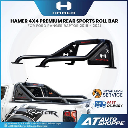 HAMER 4x4 premium rear sports roll bar for Ford Ranger Raptor 2018-2021 with AT Auto Shoppe branding.