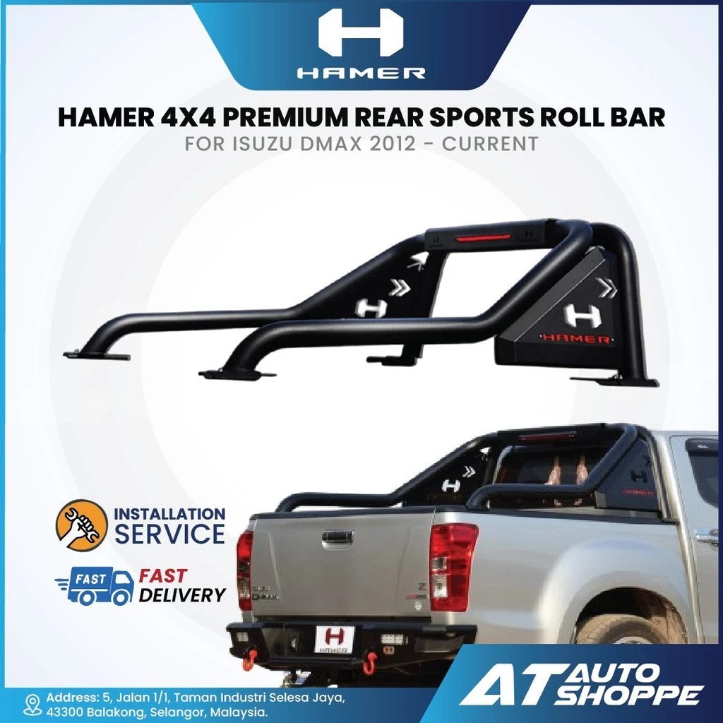 HAMER 4x4 premium rear sports roll bar for Isuzu D-Max with vehicle and branding elements.