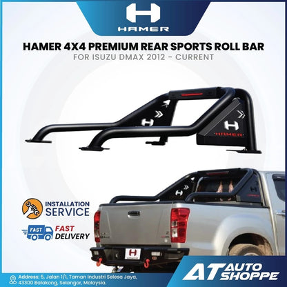 HAMER 4x4 premium rear sports roll bar for Isuzu D-Max with vehicle and branding elements.