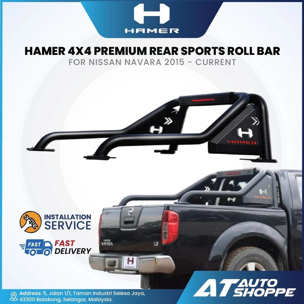 HAMER 4x4 premium rear sports roll bar for Nissan Navara with truck and branding elements.