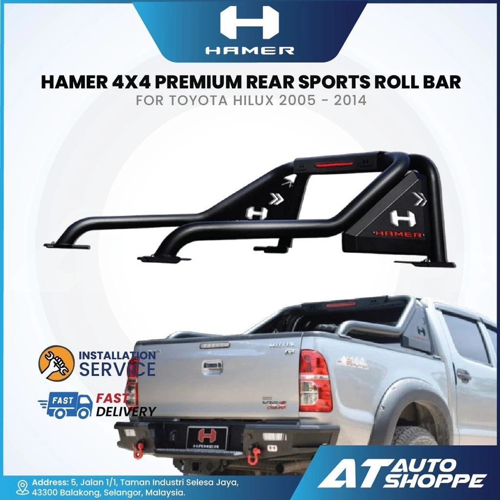 HAMER 4x4 premium rear sports roll bar for Toyota Hilux 2005-2014 with product and vehicle image on a white background.