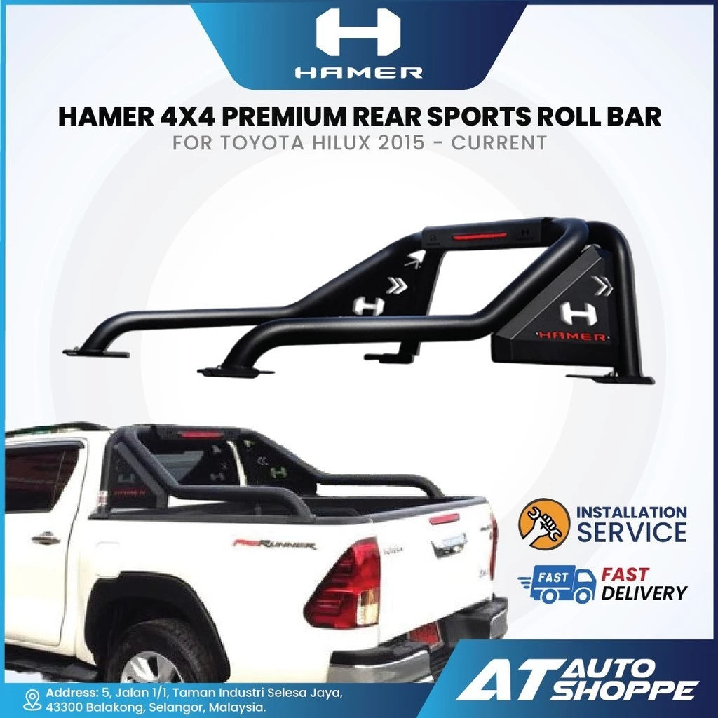 HAMER 4X4 premium rear sports roll bar for Toyota Hilux with product and vehicle display on a white background.