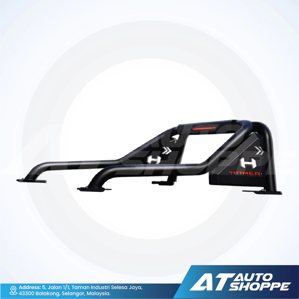 Black metal car roof rack with 'H' logo on a white background, featuring AT Auto Shoppe branding.