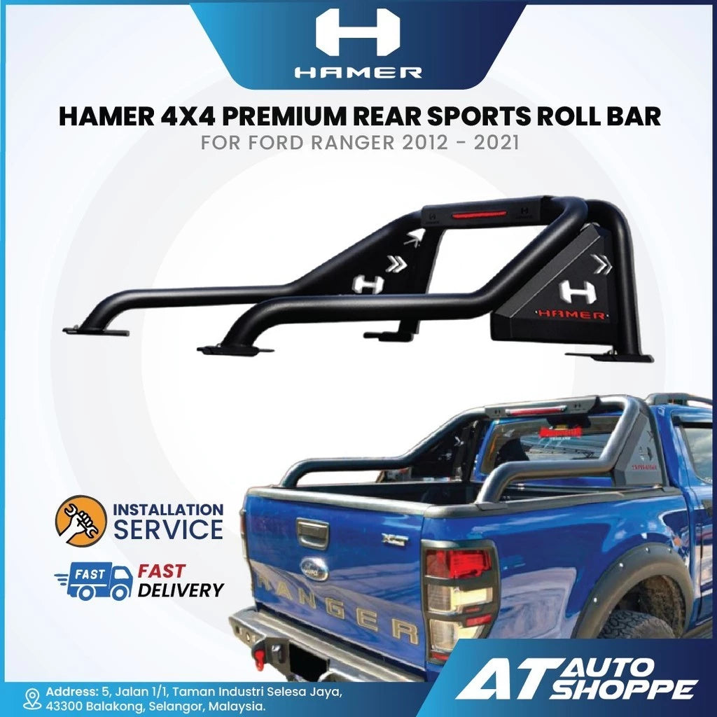 HAMER 4x4 premium rear sports roll bar for Ford Ranger 2012-2021 on a white background with branding and product details.