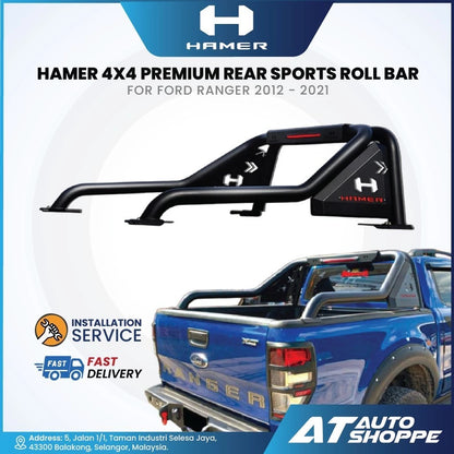 HAMER 4x4 premium rear sports roll bar for Ford Ranger 2012-2021 on a white background with branding and product details.