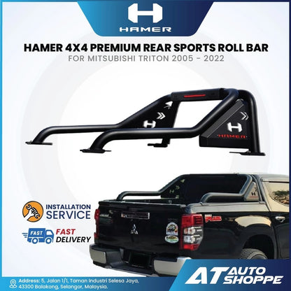 HAMER 4x4 premium rear sports roll bar for Mitsubishi Triton with product and branding details.