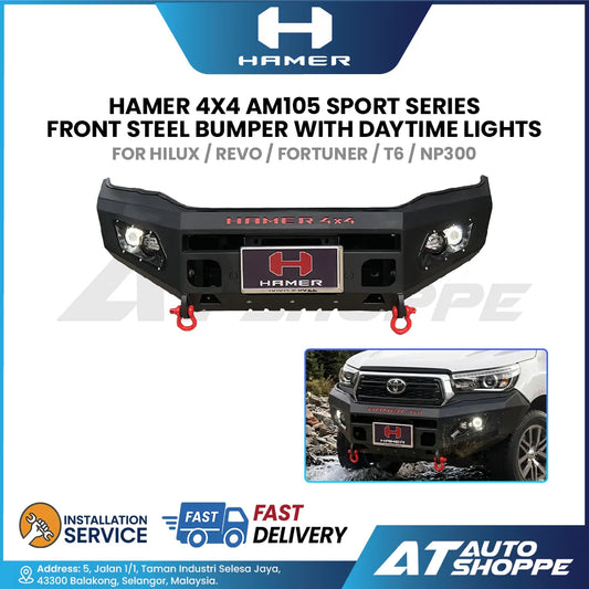 Hamer 4x4 AM105 Sports Series Front Steel Bumper With LED Daytime Lights For Hilux Revo, Fortuner, T6FL, NP300