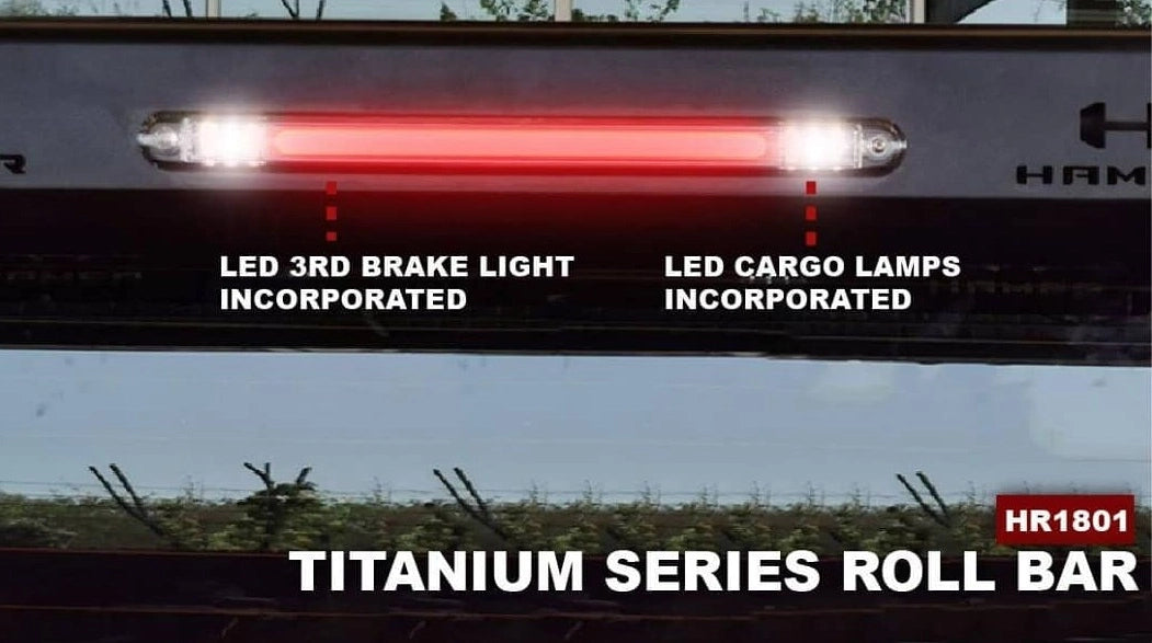 Titanium series roll bar with LED brake light and cargo lamp features, outdoors.