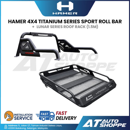 Hamer 4X4 HR1801 Titanium Series Sport Roll Bar with Lunar Series 1.5m Roof Rack