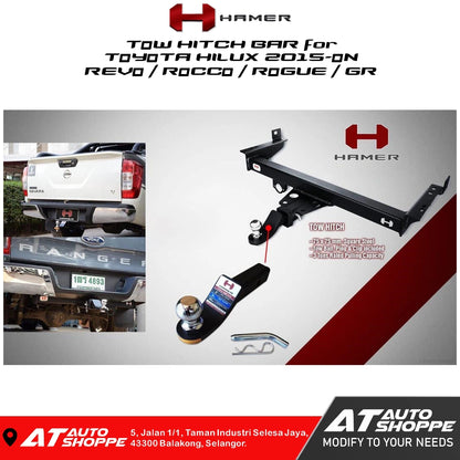 Hammer tow hitch bar for Toyota Hilux with product details and AT Auto Shoppe branding.