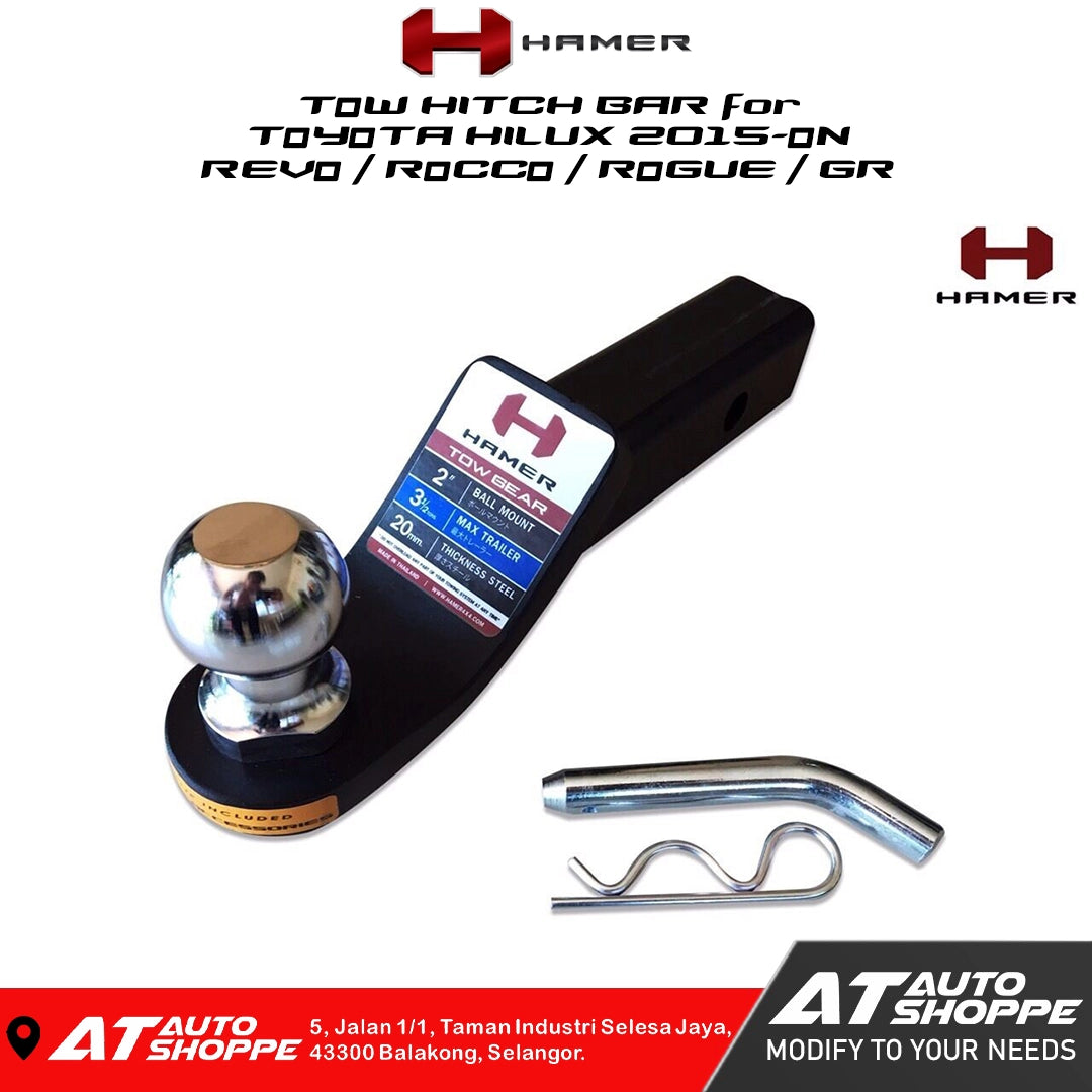 Tow hitch bar for Toyota Hilux with Hamer branding on a white background