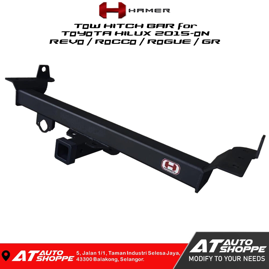 Black tow hitch bar for Toyota Hilux with Hamer logo on a white background
