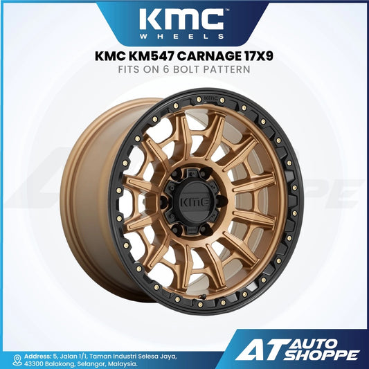 KMC KM547 Carnage wheel with gold finish on a white background, featuring KMC and AT Auto Shoppe logos.