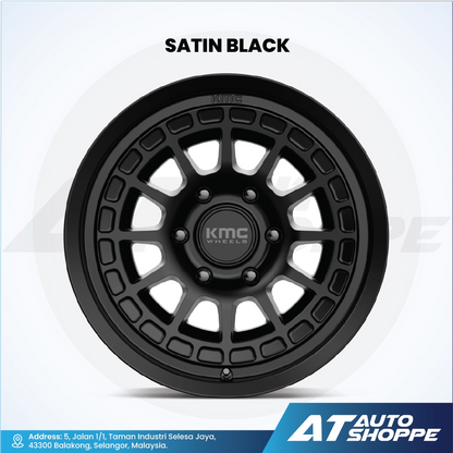Satin black KMC wheel on a white background with AT Auto Shoppe branding.