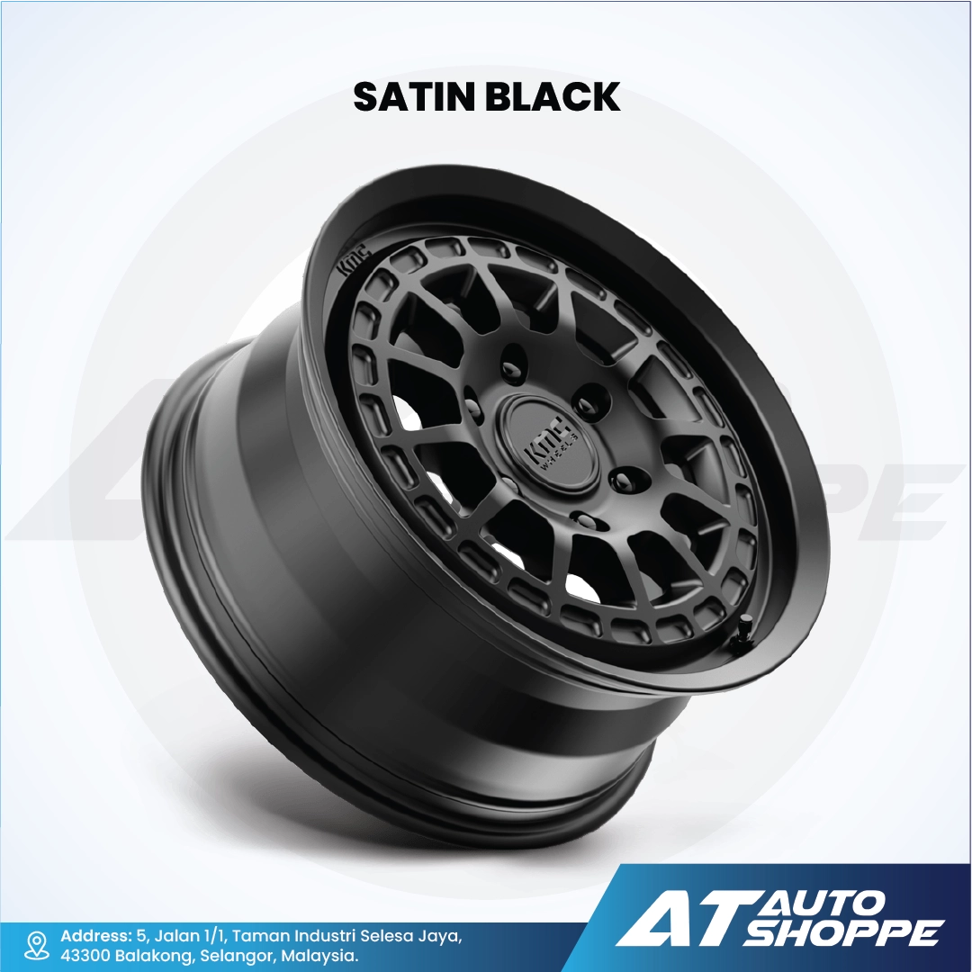 Satin black alloy wheel on a white background with 'AT Auto Shoppe' branding.