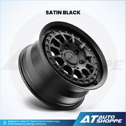 Satin black alloy wheel on a white background with 'AT Auto Shoppe' branding.