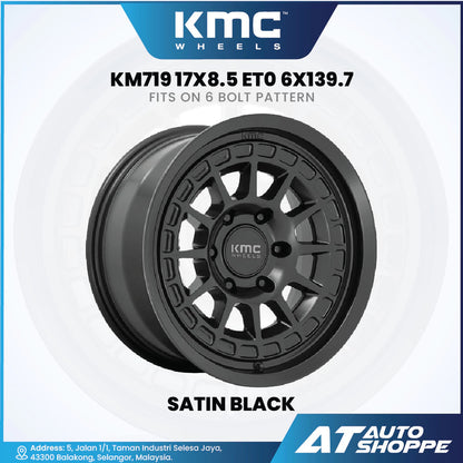 KMC wheels satin black rim with specifications on a white background
