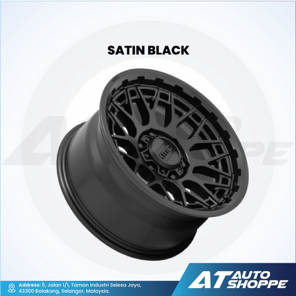 Satin black car wheel rim on a white background with AT Auto Shoppe branding.