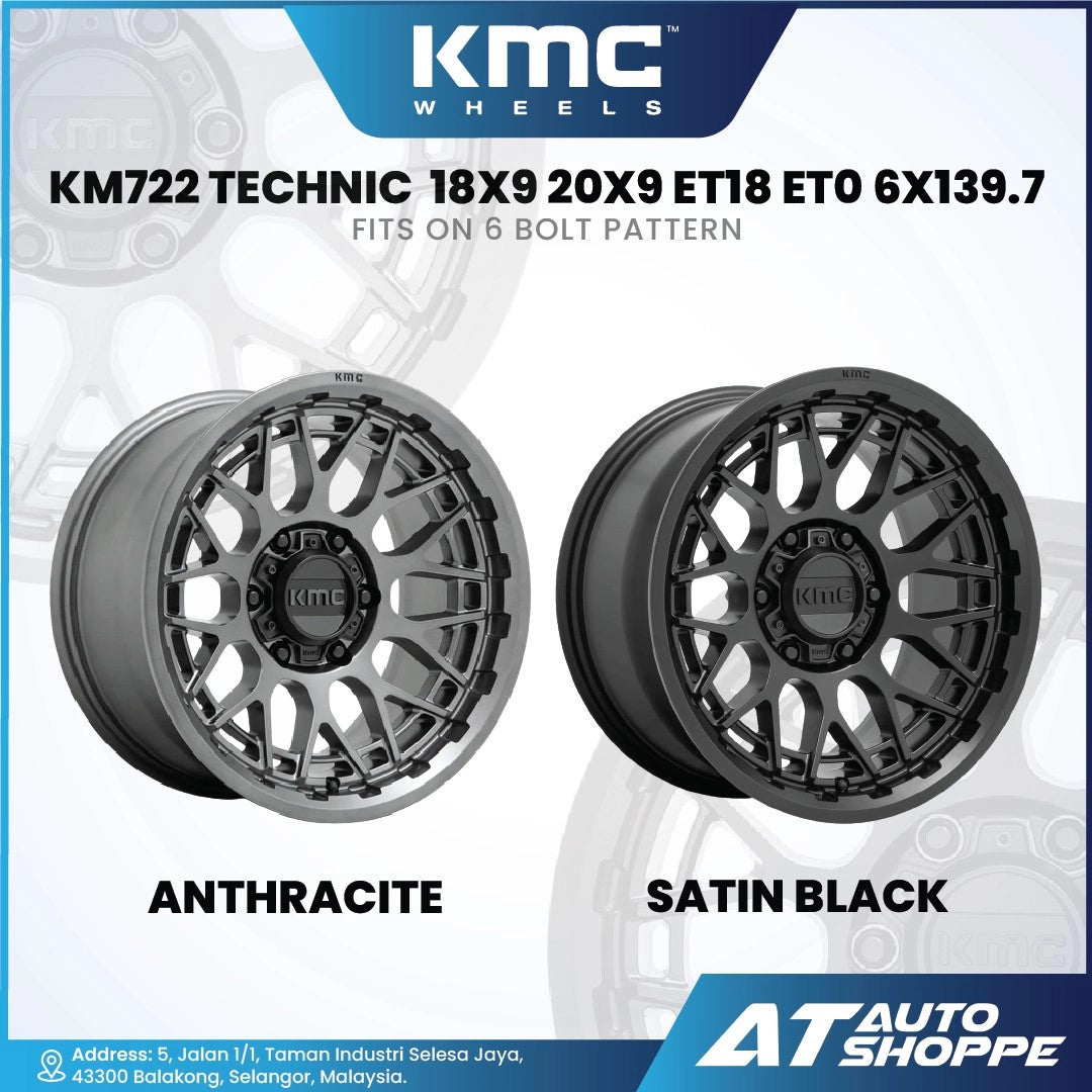 KMC wheels in anthracite and satin black with product details on a white background.