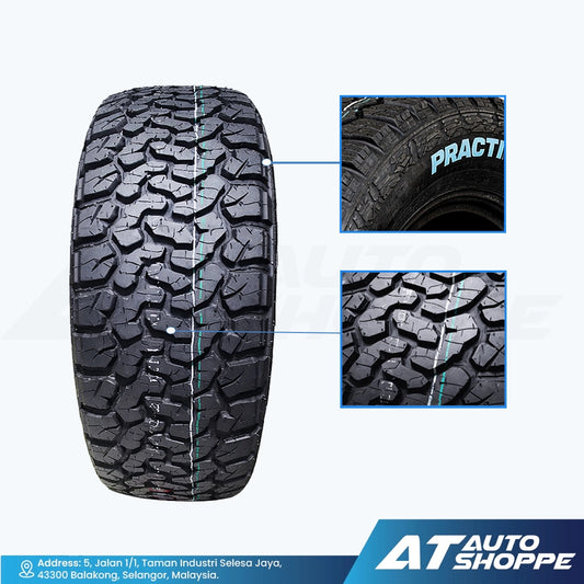 Tire with detailed tread pattern and 'PRACTICALMAX' branding, featuring AT Auto Shoppe logo.