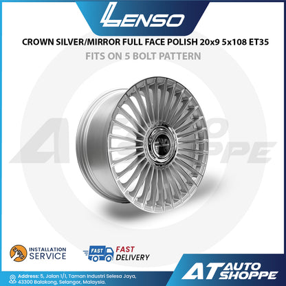 Lenso Jager Crown Silver Mirror Full Face Polish 20x9 5x108 ET35