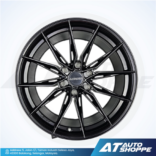 Black alloy wheel with 'Lenso' branding on a white background, featuring AT Auto Shoppe logo.