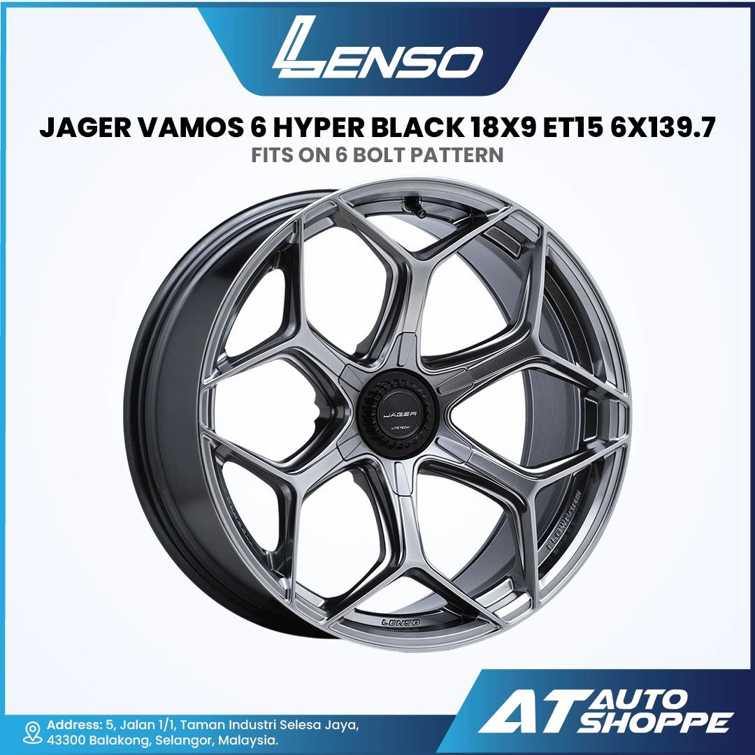 Lenso Jager Vamos 6 Hyper Black alloy wheel with product details on a white background
