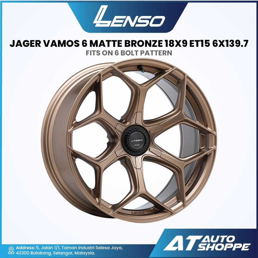 Lenso Jager Vamos 6 Matte Bronze alloy wheel with specifications on a white background