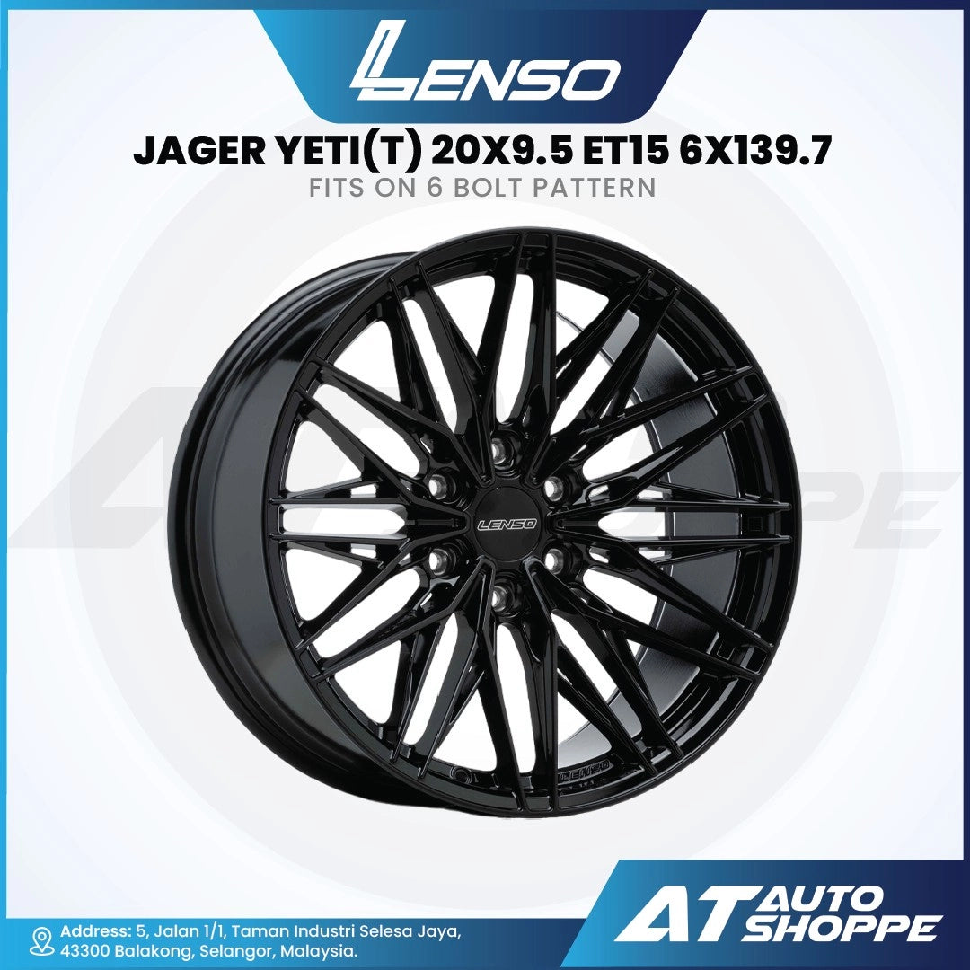 Black alloy wheel with LENSO branding on a white background