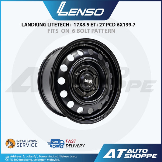 Black car wheel rim with LENSO branding on a white background