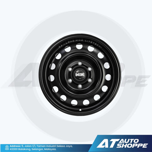 Black alloy wheel with white rim on a white background, featuring the AT Auto Shoppe logo.