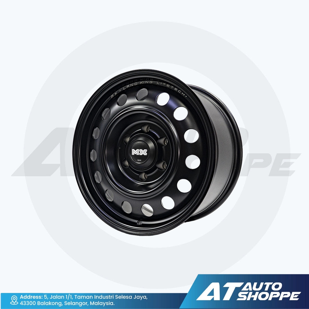 Black alloy wheel on a white background with AT Auto Shoppe branding.