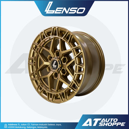 Gold alloy wheel with Lenso logo on a white background