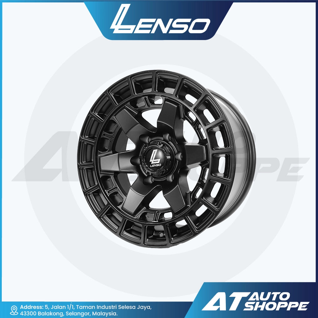 Black alloy wheel with Lenso logo on a white background