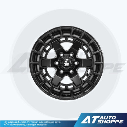 Black alloy wheel on a white background with AT Auto Shoppe branding.