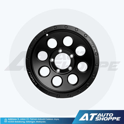 Black alloy wheel on a white background with AT Auto Shoppe branding.