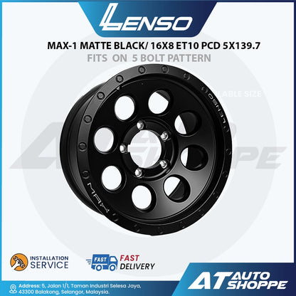 Black alloy wheel with 'Lenso' branding on a white background