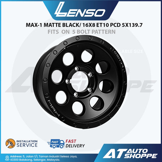 Black alloy wheel with 'Lenso' branding on a white background