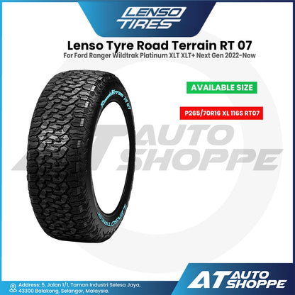 Lenso Tyre Road Terrain RT 07 tire with branding and product details on a white background