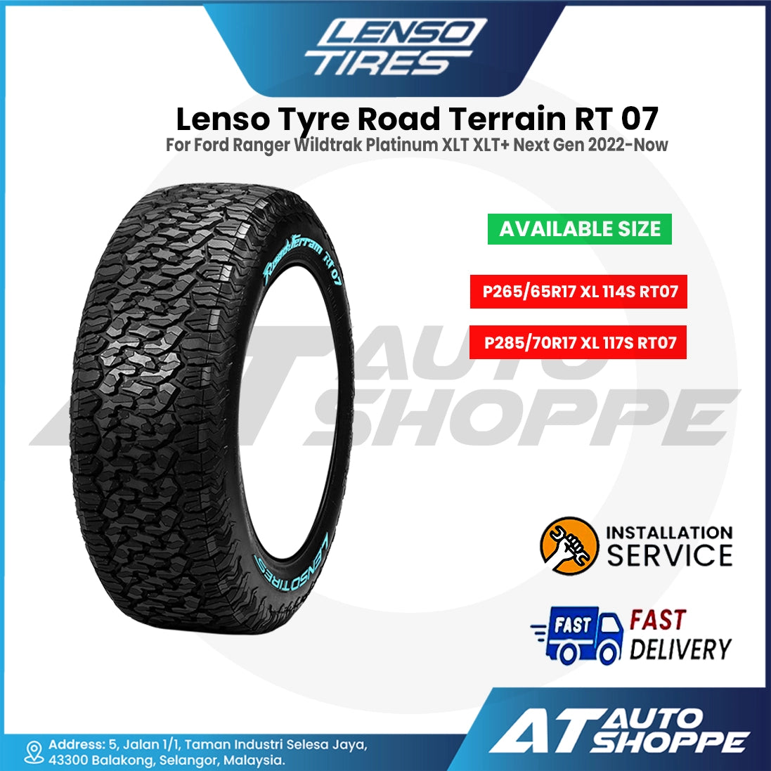 Lenso Tyre Road Terrain RT 07 tire with product details on a white background