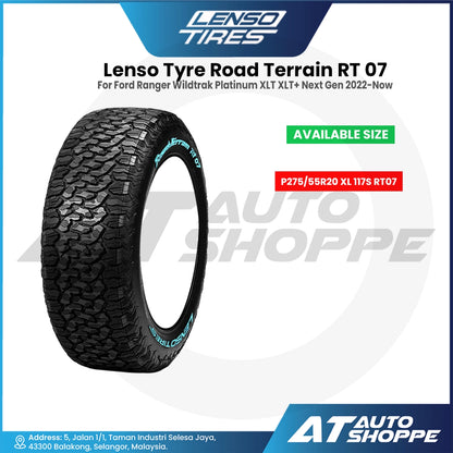 Lenso Tyre Road Terrain RT 07 tire with product details on a white background
