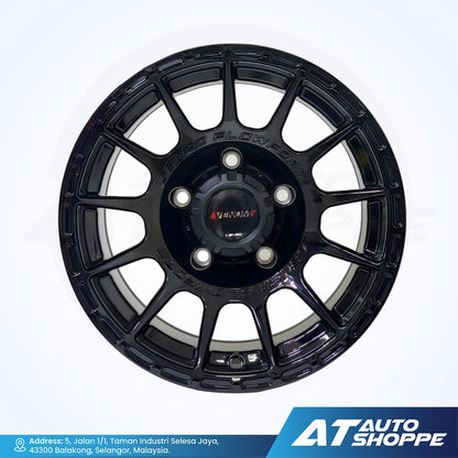 Black alloy wheel with a brand logo on a white background