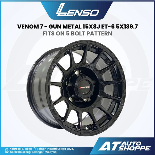 Lenso Venom 7 satin black alloy wheel on a white background with product details.