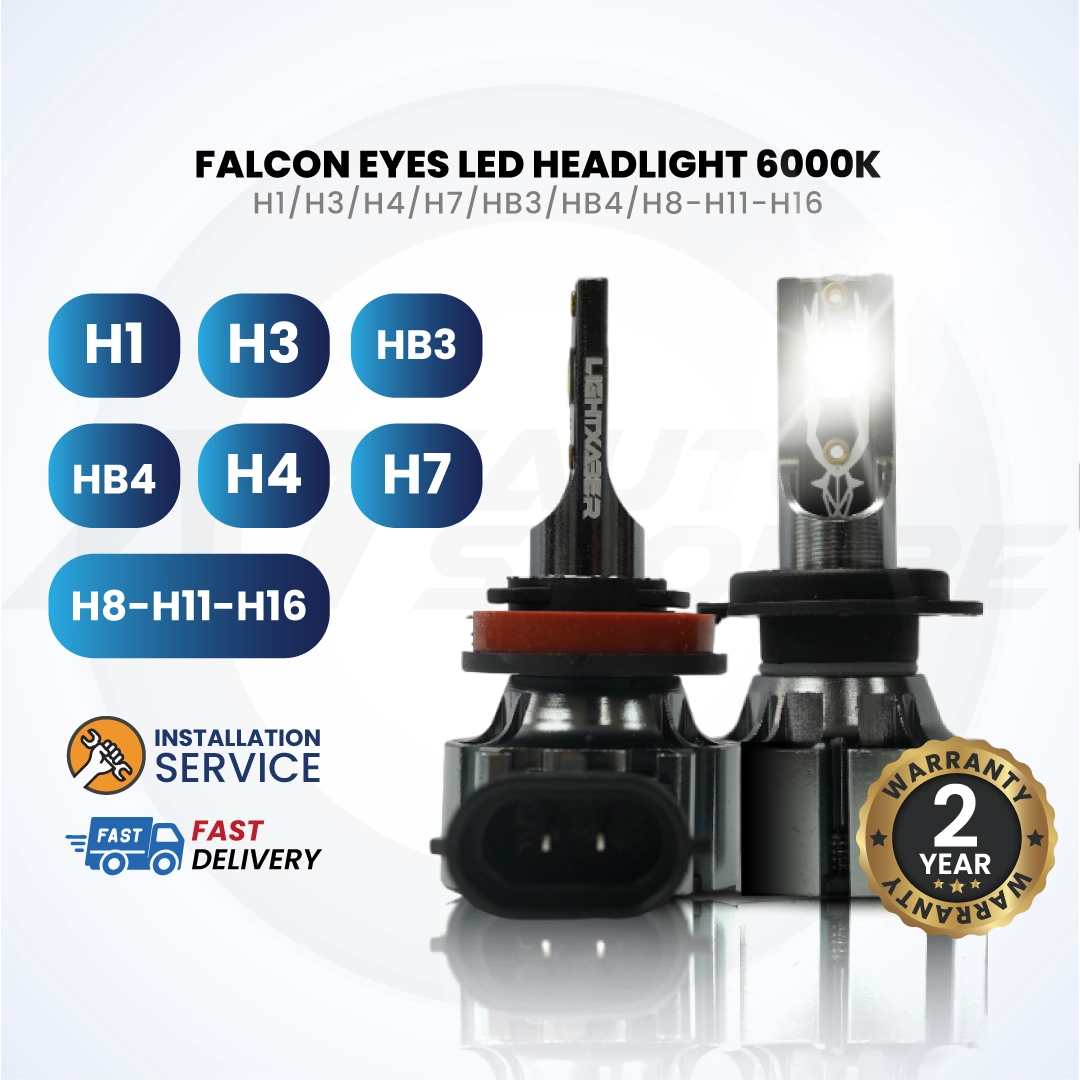 Falcon Eyes LED headlight bulbs with compatibility chart and warranty information on a white background