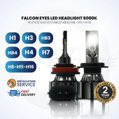 Falcon Eyes LED headlight bulbs with compatibility chart and warranty information on a white background
