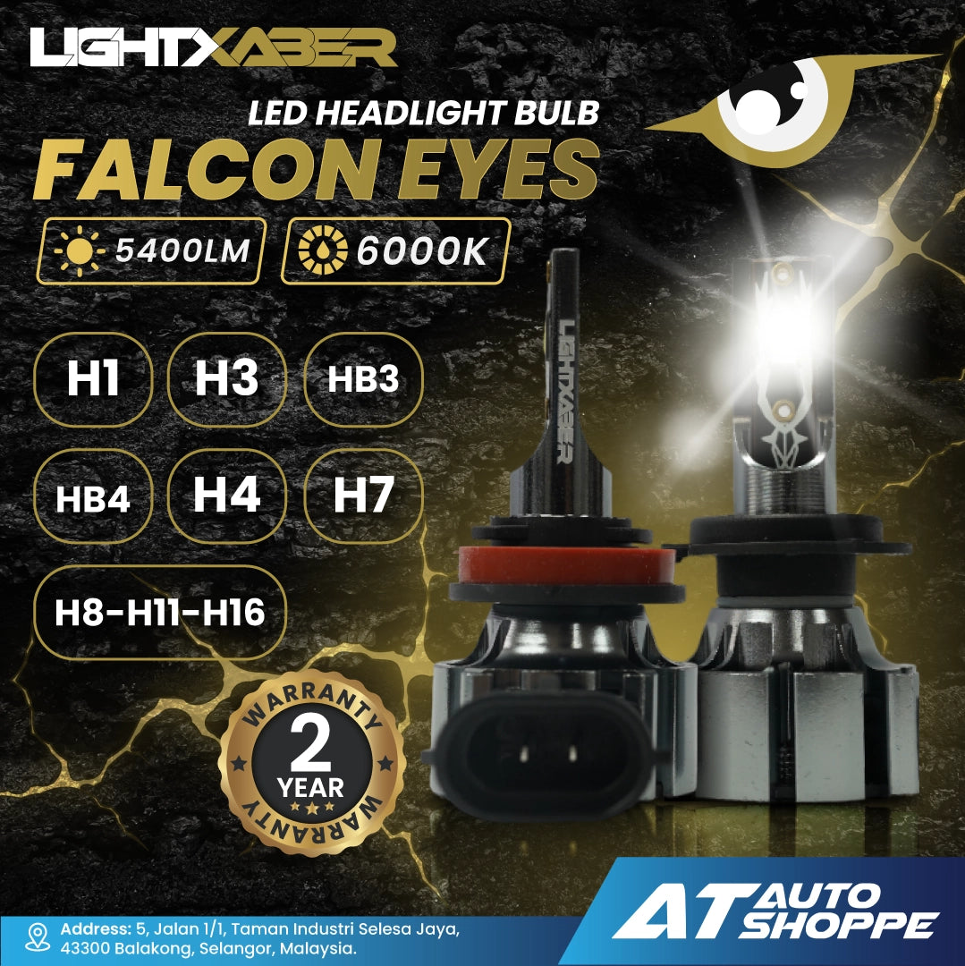 LightXaber LED headlight bulb advertisement with product details and warranty information on a dark background.
