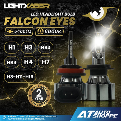 LightXaber LED headlight bulb advertisement with product details and warranty information on a dark background.