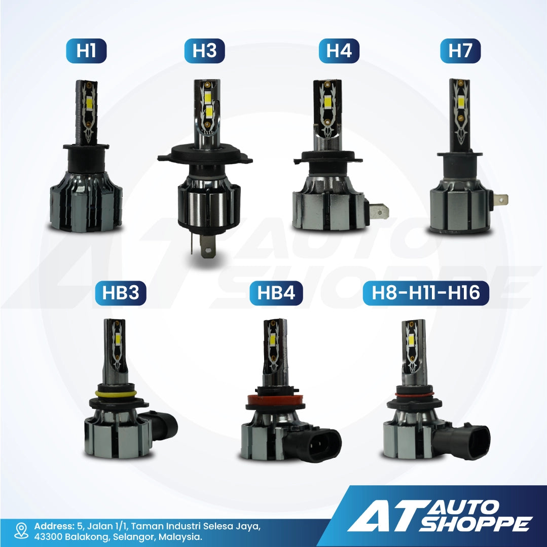 Various car headlight bulbs with labels on a white background, featuring the AT Auto Shoppe logo.