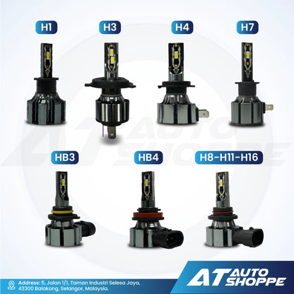 Various car headlight bulbs with labels on a white background, featuring the AT Auto Shoppe logo.